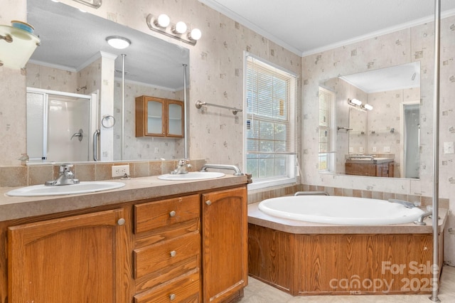 6314 Providence Church Rd, Vale, NC 28168 - full bath with wallpapered walls, a stall shower, a bath, plenty of natural light, and double vanity