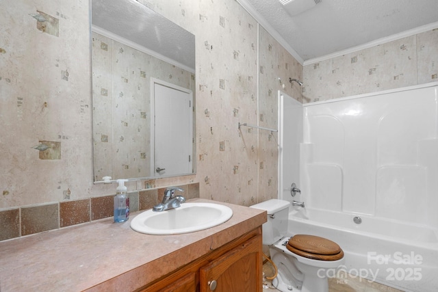 6314 Providence Church Rd, Vale, NC 28168 - full bathroom with crown molding, wallpapered walls, vanity, and  shower combination