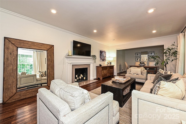5301 Addison Dr, Charlotte, NC 28211 - living area featuring ornamental molding, dark wood-type flooring, recessed lighting, and a fireplace with flush hearth