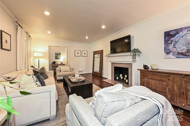 5301 Addison Dr, Charlotte, NC 28211 - living room with wood finished floors, ornamental molding, recessed lighting, and a fireplace