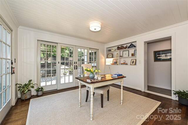 5301 Addison Dr, Charlotte, NC 28211 - office with french doors, crown molding, dark wood finished floors, and built in features