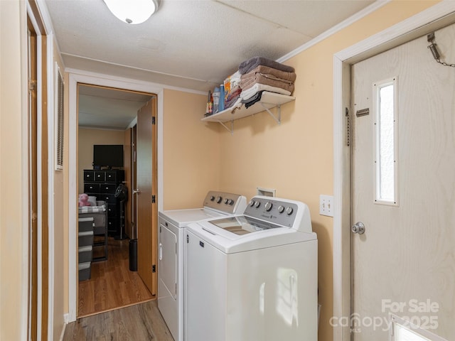 5 Shenandoah Rd, Asheville, NC 28805 - laundry area featuring washing machine and clothes dryer, wood finished floors, and crown molding