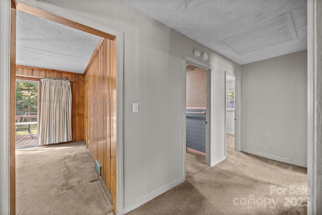 331 Elwood St, Kannapolis, NC 28081 - hall featuring a textured ceiling, carpet flooring, and wooden walls