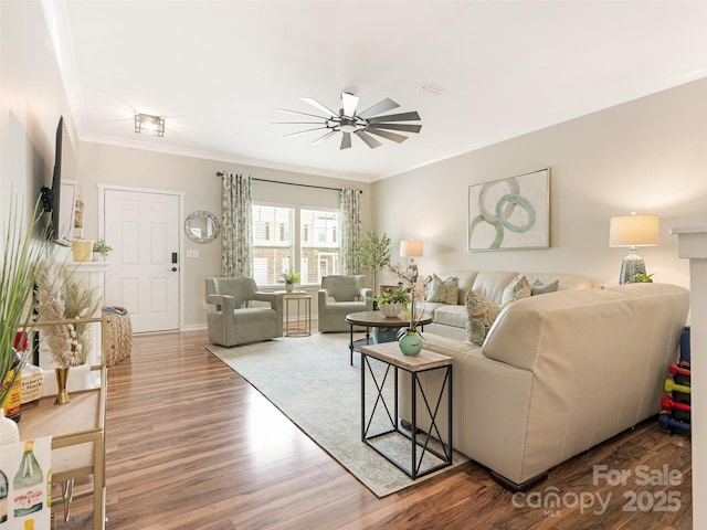 342 Battery Cir, Clover, SC 29710 - living area featuring wood finished floors, ornamental molding, and ceiling fan