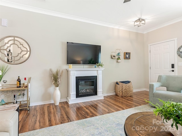 342 Battery Cir, Clover, SC 29710 - living room with wood finished floors, ornamental molding, and a glass covered fireplace