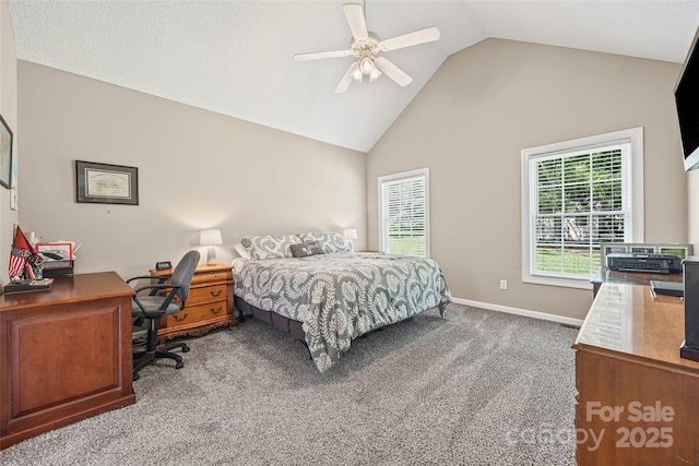 1921 Williford Woods Ln, Rock Hill, SC 29730 - carpeted bedroom with multiple windows, high vaulted ceiling, a desk, and ceiling fan