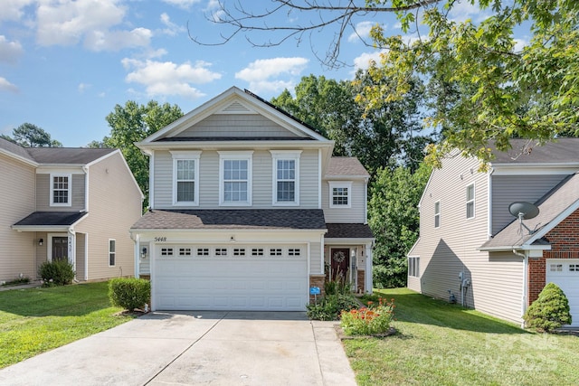 5448 Wyalong Dr, Charlotte, NC 28227 - view of front of property featuring concrete driveway, a garage, a front yard, and roof with shingles