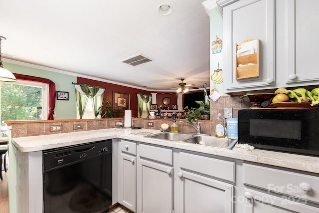 5448 Wyalong Dr, Charlotte, NC 28227 - kitchen featuring black appliances, light countertops, crown molding, a ceiling fan, and white cabinetry