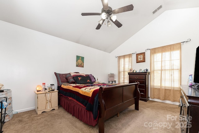 5448 Wyalong Dr, Charlotte, NC 28227 - bedroom featuring light carpet, high vaulted ceiling, and ceiling fan