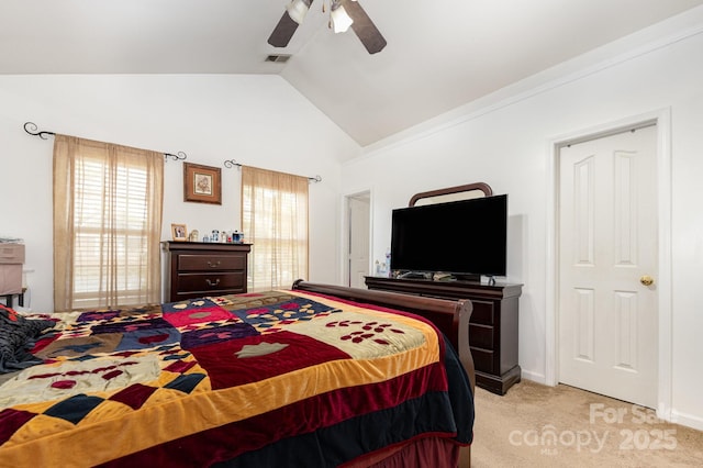 5448 Wyalong Dr, Charlotte, NC 28227 - bedroom featuring vaulted ceiling, light carpet, and a ceiling fan