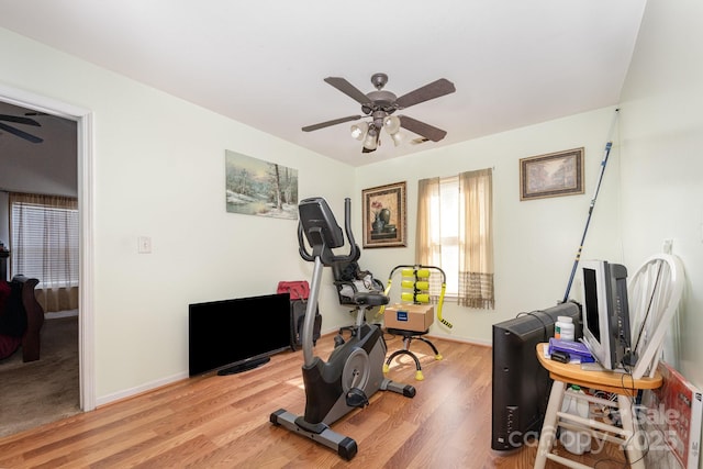 5448 Wyalong Dr, Charlotte, NC 28227 - workout area featuring a ceiling fan and light wood-style flooring