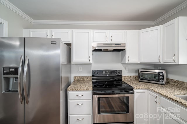 108 Graham St, Stanley, NC 28164 - kitchen featuring appliances with stainless steel finishes, under cabinet range hood, white cabinets, crown molding, and light stone counters