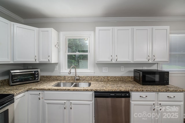 108 Graham St, Stanley, NC 28164 - kitchen with dishwasher, black microwave, white cabinets, light stone countertops, and ornamental molding