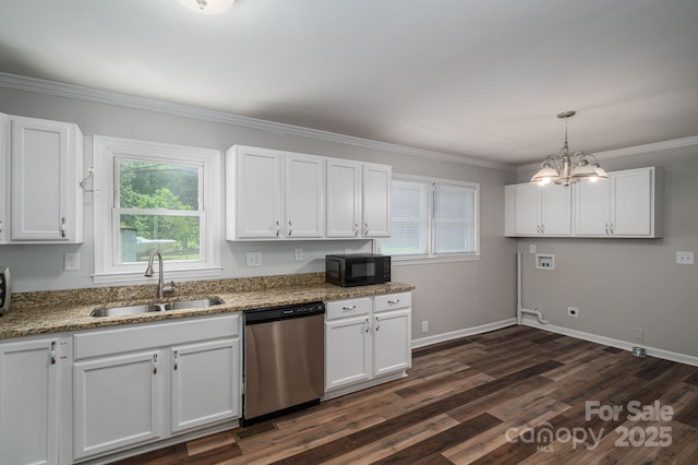 108 Graham St, Stanley, NC 28164 - kitchen featuring stainless steel dishwasher, black microwave, plenty of natural light, white cabinetry, and ornamental molding