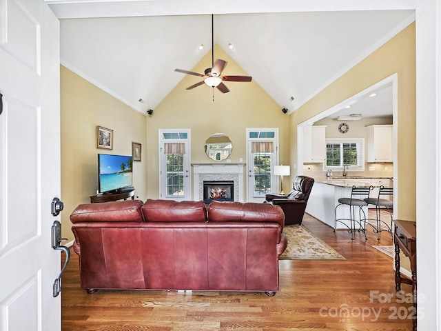 1842 Caroline Way, Fort Mill, SC 29715 - living area with ceiling fan, light wood-style flooring, a warm lit fireplace, vaulted ceiling, and crown molding