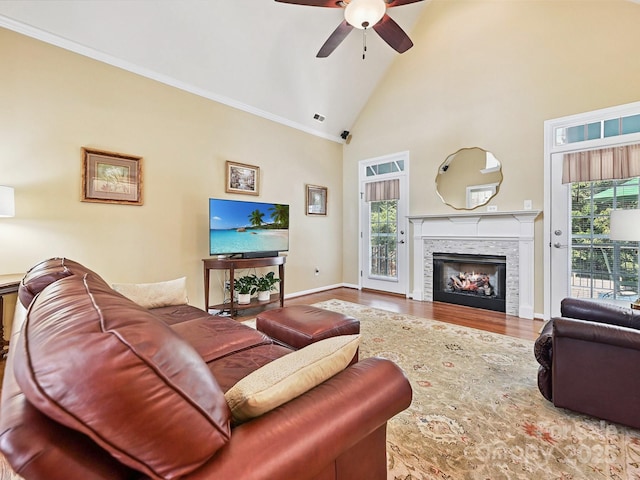 1842 Caroline Way, Fort Mill, SC 29715 - living room with ceiling fan, a fireplace, wood finished floors, ornamental molding, and high vaulted ceiling