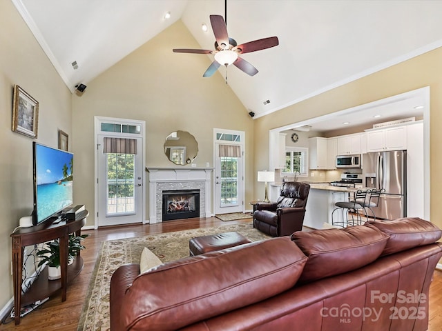 1842 Caroline Way, Fort Mill, SC 29715 - living area featuring wood finished floors, a ceiling fan, ornamental molding, high vaulted ceiling, and a glass covered fireplace
