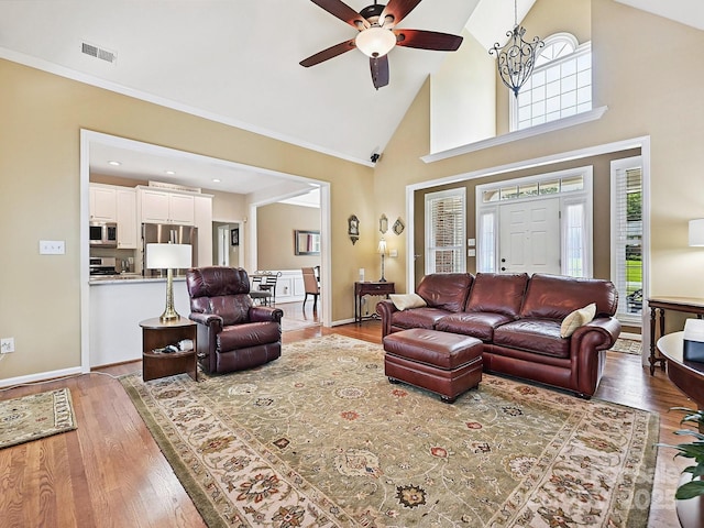 1842 Caroline Way, Fort Mill, SC 29715 - living room with ceiling fan, high vaulted ceiling, wood finished floors, and recessed lighting
