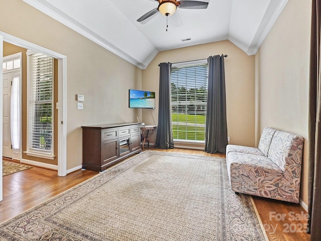 1842 Caroline Way, Fort Mill, SC 29715 - living area with wood finished floors, ceiling fan, and vaulted ceiling