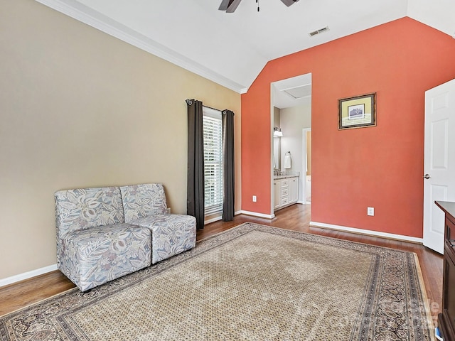 1842 Caroline Way, Fort Mill, SC 29715 - sitting room featuring wood finished floors, ceiling fan, vaulted ceiling, and ornamental molding
