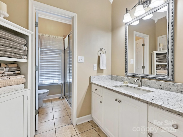 1842 Caroline Way, Fort Mill, SC 29715 - full bath with vanity, tile patterned floors, a shower stall, and ornamental molding