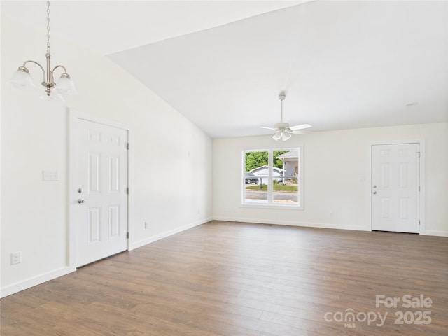 39 Pearl St, Granite Falls, NC 28630 - unfurnished living room featuring wood finished floors, a chandelier, and ceiling fan
