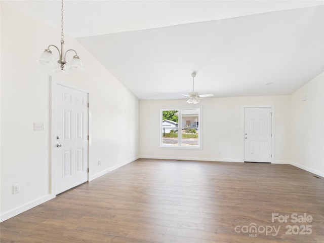 39 Pearl St, Granite Falls, NC 28630 - unfurnished living room featuring a chandelier, wood finished floors, and a ceiling fan