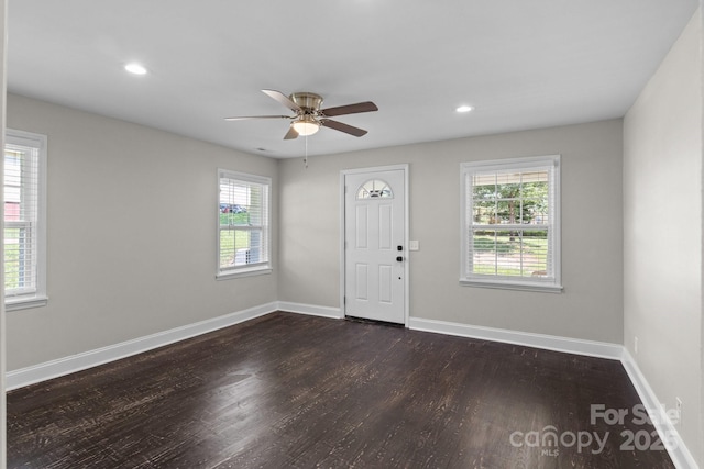 509 8th Avenue Ext, Cramerton, NC 28032 - entrance foyer with plenty of natural light, dark wood-style flooring, a ceiling fan, and recessed lighting
