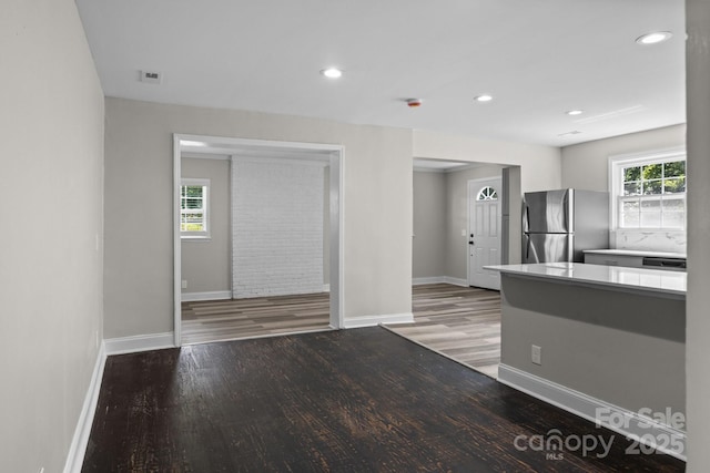 509 8th Avenue Ext, Cramerton, NC 28032 - kitchen featuring freestanding refrigerator, wood finished floors, recessed lighting, and light countertops