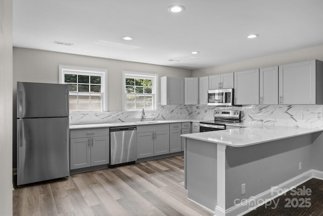509 8th Avenue Ext, Cramerton, NC 28032 - kitchen with stainless steel appliances, gray cabinets, tasteful backsplash, a peninsula, and light wood-style floors