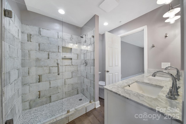 329 Wave Crest Dr, Tega Cay, SC 29708 - full bathroom featuring a stall shower, vanity, and wood finished floors