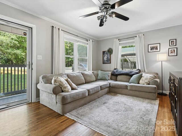 5007 Rehobeth Rd, Waxhaw, NC 28173 - living area featuring wood finished floors, ceiling fan, and crown molding
