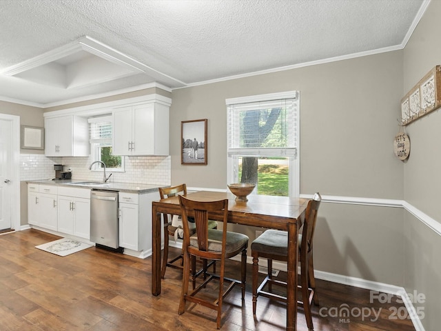 5007 Rehobeth Rd, Waxhaw, NC 28173 - dining area featuring a textured ceiling, dark wood finished floors, and ornamental molding
