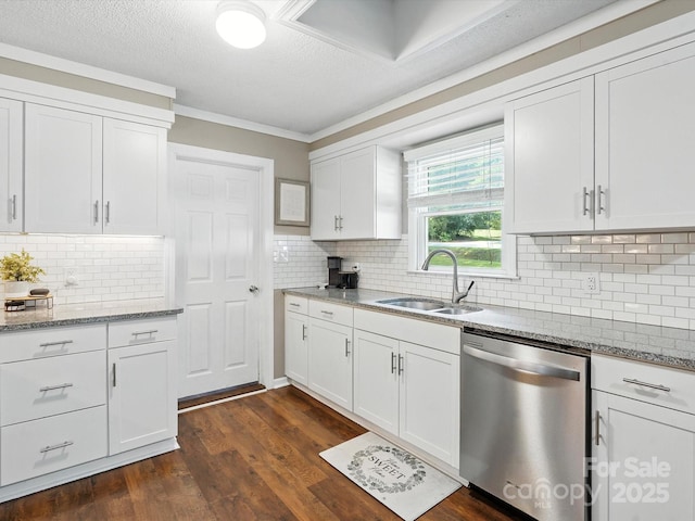 5007 Rehobeth Rd, Waxhaw, NC 28173 - kitchen with dishwasher, light stone counters, white cabinets, dark wood-style flooring, and ornamental molding
