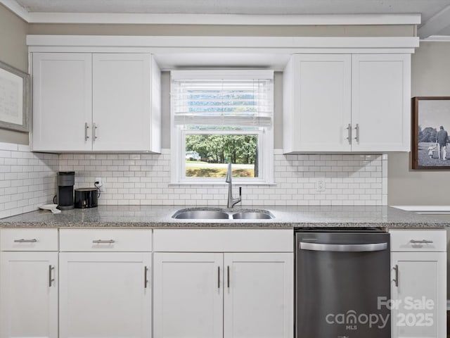 5007 Rehobeth Rd, Waxhaw, NC 28173 - kitchen featuring dishwasher, white cabinetry, backsplash, and light stone counters