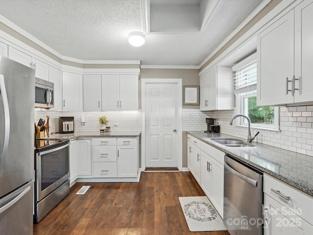 5007 Rehobeth Rd, Waxhaw, NC 28173 - kitchen featuring appliances with stainless steel finishes, light stone counters, dark wood-style flooring, white cabinets, and ornamental molding