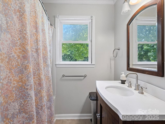 5007 Rehobeth Rd, Waxhaw, NC 28173 - full bath with vanity, ornamental molding, tile patterned flooring, and a shower with shower curtain