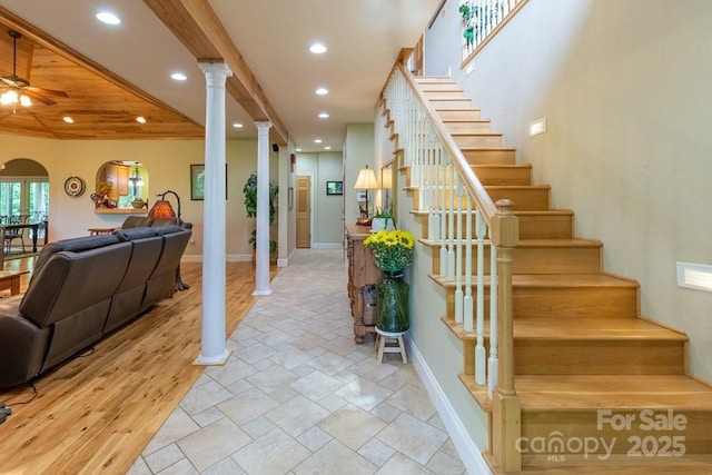 486 Center Dr Unit 7B, Bryson City, NC 28713 - stairs featuring recessed lighting, ceiling fan, decorative columns, and wood finished floors