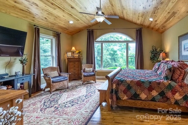 486 Center Dr Unit 7B, Bryson City, NC 28713 - bedroom with wood finished floors, multiple windows, wooden ceiling, lofted ceiling, and recessed lighting