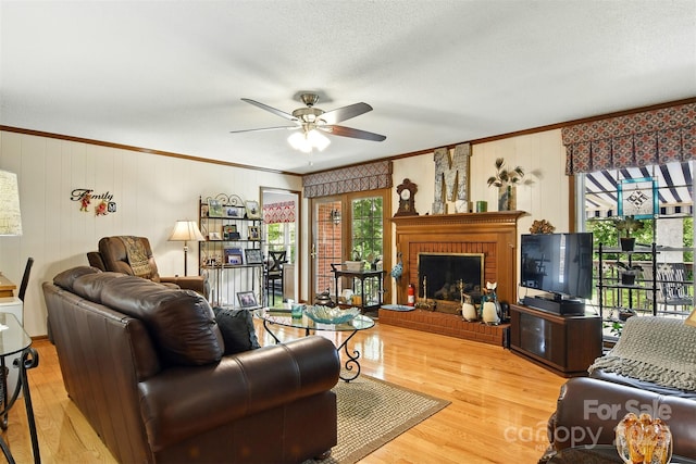 701 4th Ave NE, Conover, NC 28613 - living area with crown molding, ceiling fan, light wood finished floors, a fireplace, and a textured ceiling