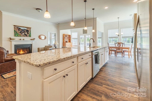 469 Summerfield Pl, Flat Rock, NC 28731 - kitchen featuring appliances with stainless steel finishes, dark wood-style flooring, open floor plan, a warm lit fireplace, and crown molding