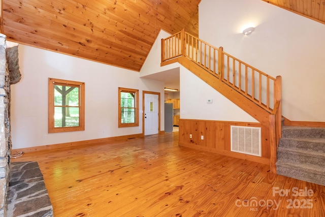 25 Trillium Trce, Maggie Valley, NC 28751 - unfurnished living room featuring stairway, high vaulted ceiling, wood finished floors, a wainscoted wall, and wood ceiling