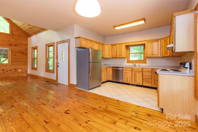 25 Trillium Trce, Maggie Valley, NC 28751 - kitchen with appliances with stainless steel finishes, light countertops, healthy amount of natural light, ventilation hood, and wooden walls