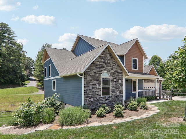 278 Ollie Weaver Rd, Weaverville, NC 28787 - craftsman-style house with stone siding, a shingled roof, a porch, and a gate
