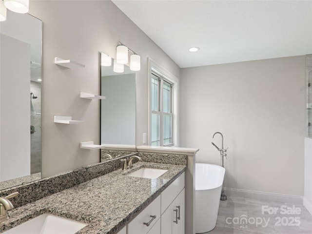 278 Ollie Weaver Rd, Weaverville, NC 28787 - bathroom with a soaking tub, double vanity, tiled shower, and recessed lighting