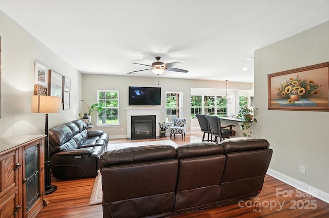 1006 Spring Rose Ln, Matthews, NC 28104 - living area featuring wood finished floors, ceiling fan, and a fireplace with flush hearth