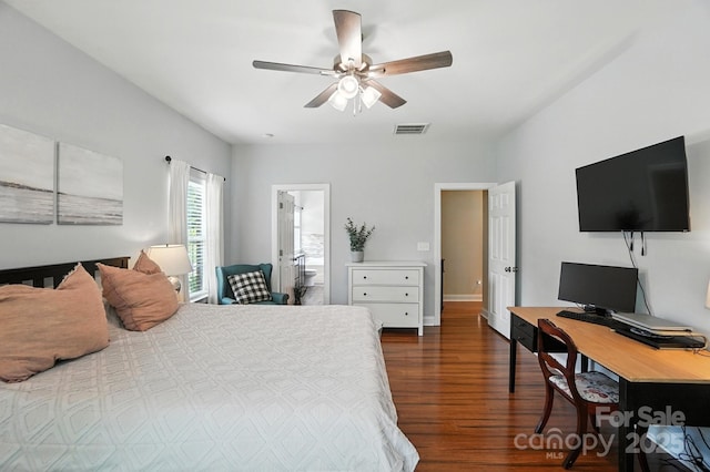 1006 Spring Rose Ln, Matthews, NC 28104 - bedroom featuring dark wood-style flooring, an office area, and a ceiling fan
