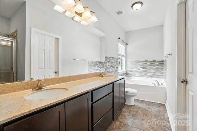 1006 Spring Rose Ln, Matthews, NC 28104 - full bathroom with double vanity, a bath, stone finish flooring, and a shower with door