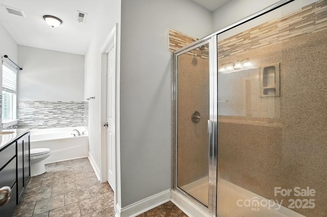 1006 Spring Rose Ln, Matthews, NC 28104 - bathroom featuring a shower stall, a bath, and vanity
