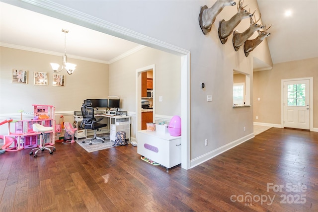 4203 Flint Dr, Lancaster, SC 29720 - playroom with a desk, wood finished floors, a chandelier, and crown molding